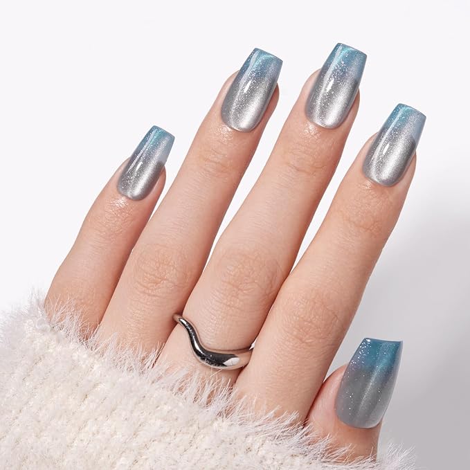 VSALON Press on Nails Medium Coffin, Ice Blue Cat Eye Chrome Shimmer Ombre Valentine Fake Nails, Reusable Soft Gel Semi-Transparent Glue on Nails, 32 Pcs in 16 Sizes Kits with Glue & Cuticle Oil
