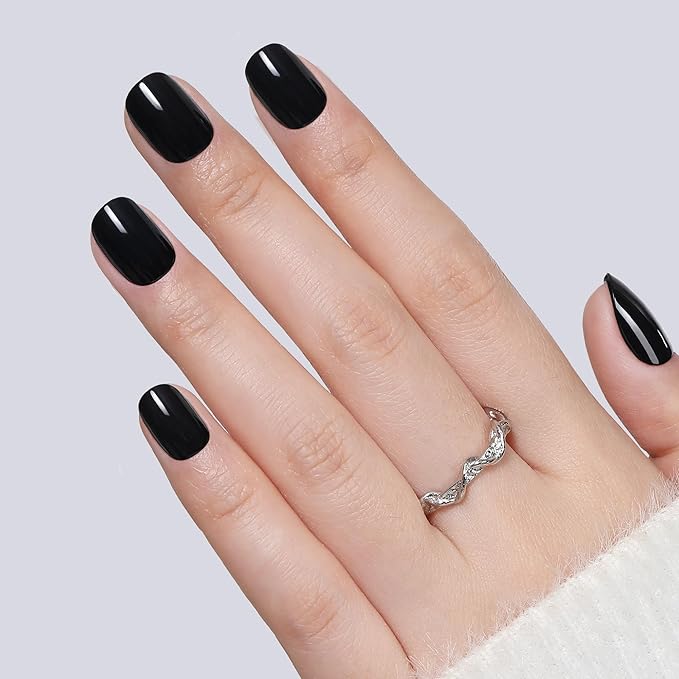 UNA GELLA Soft Gel Press on Nails - 32Pcs 15 Sizes Short Round Black Fake Nails, Glossy Reusable Glue on Nails for Women, Durable Artificial Nails Kit for DIY Manicure