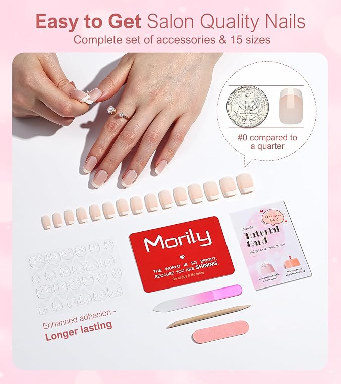 Morily 30PCS Press on Nails, Thicker Fake Nails with Designs Acrylic Stick on Nails for Women Full Cover Finger Manicure False Nail tips in 15 Sizes (Classic French - Nude Pink)