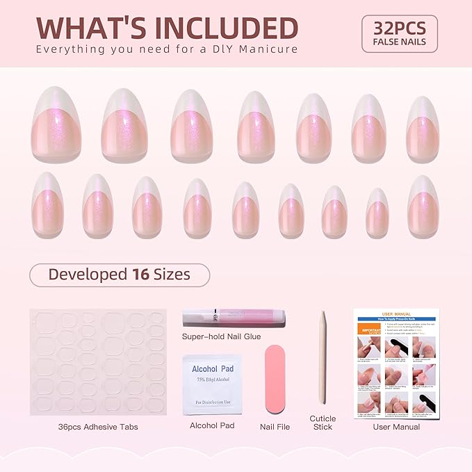 French Tip Press On Nails - White Almond Press On Nails, Short Fake Nail with Nail Glue, Artificial Nail 16 Sizes - 32Pcs Reusable Soft Gel False Nail Tips Kit,Stick On Nail for Women
