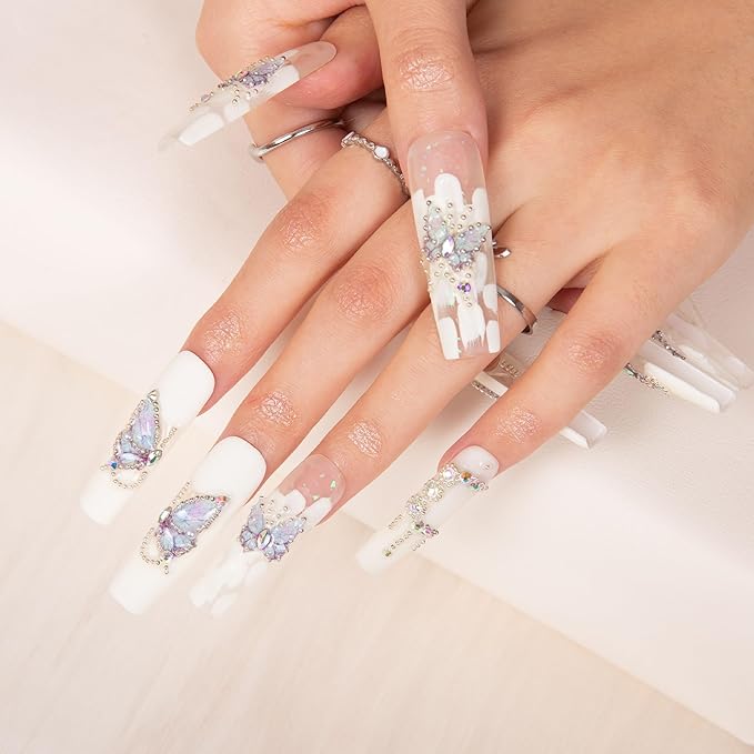LOVFUL Press on Nails Holly Blue| Handmade with Full Covered Crystals| Reusable Fake Nails| Square Mid length 1.7in| H23-L