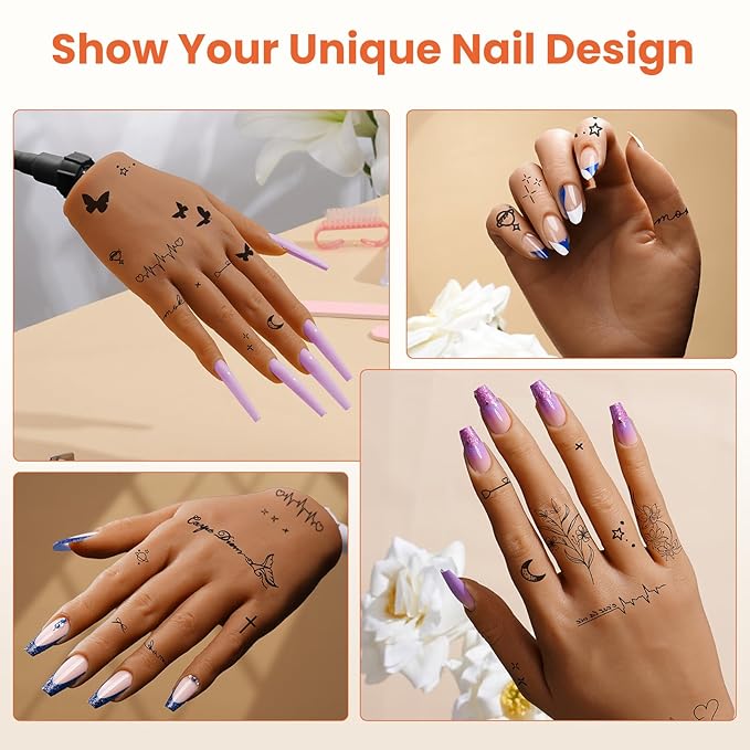Practice Hand for Acrylic Nails: Silicone Nail Hand Practice with Gold Rings - Flexible Fake Hand Mannequin Nail Hand Kit for Beginners (Brown)