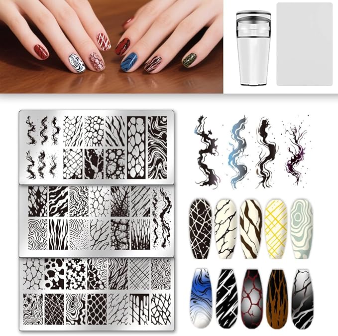 UNICRAFTALE 3Pcs Nail Stamp Plates Set Marble Striped Nail Art Stamping Template Texture Stamping Plate Image Nail Stencils Nail Art Plates with Nail Scraper for Women DIY Print Manicure Salon Design