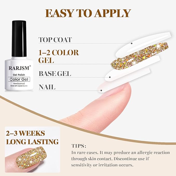 RARJSM Champagne Gold Reflective Glitter Gel Nail Polish Holographic Rainbow Iridescent Sparkle Flash Diamond Shimmer LED UV Soak Off Gelpolish Nail Art Manicure Salon DIY at Home 1pcs 7.5ml