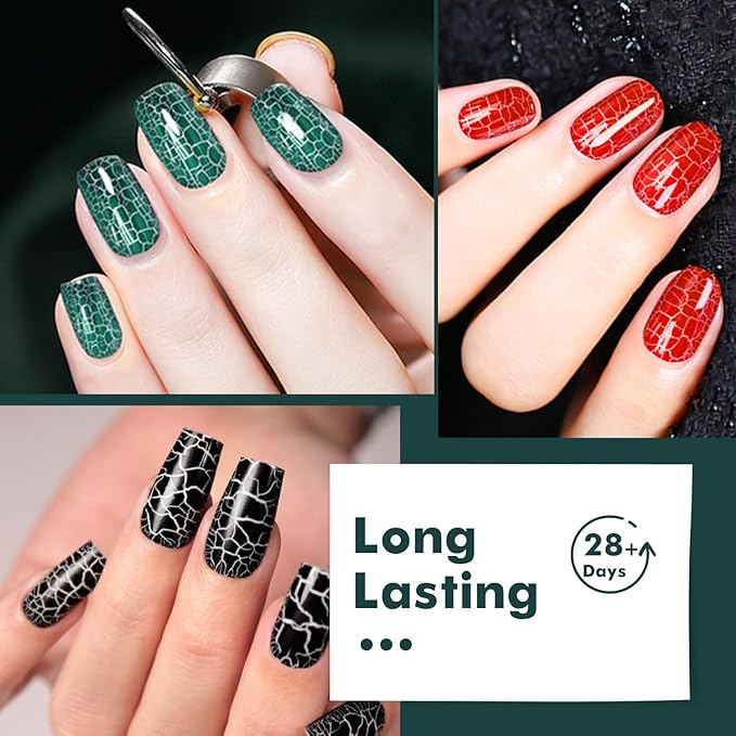 MTSSII 12pc Crackle Gel Nail Polish Set - 7 Colors, White, Silver, Black + Quick Dry Nail Art Kit