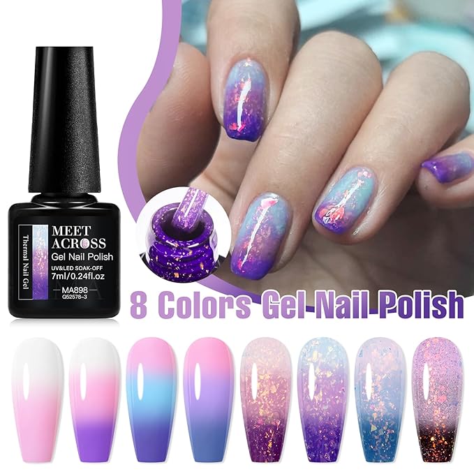 MEET ACROSS 8Pcs Color Changing Gel Nail Polish Set Pink Purple Glitter Temperature Mood Changed Gel Polish DIY Salon Manicure Kit