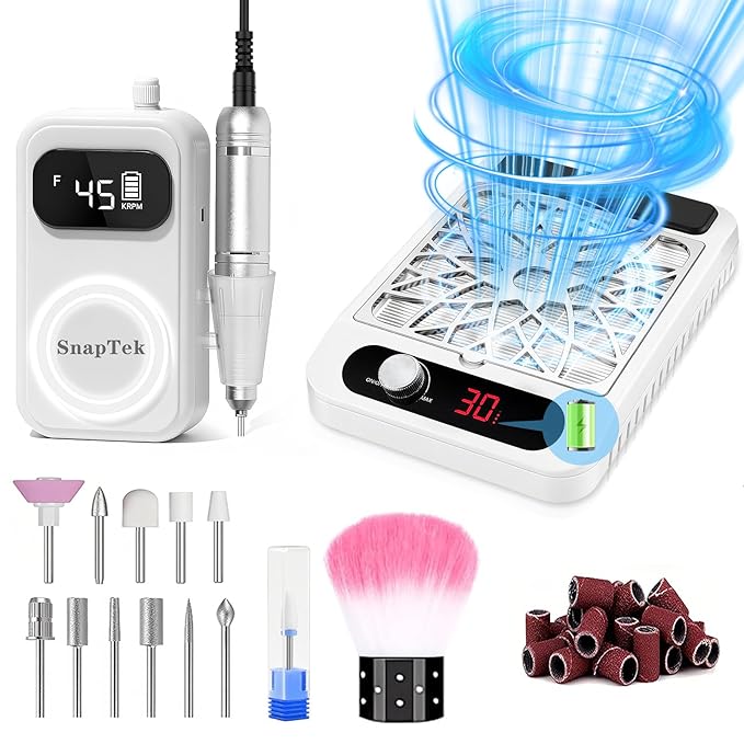 Portable Electric Nail Drill Kit & Nail Dust Collector,Nail Filer Professional 45000 RPM(with 12 Drill Bits & Accessories),3700RPM Vacuum Nail Fan Dust Collector with Reusable Filter for Salon & Home