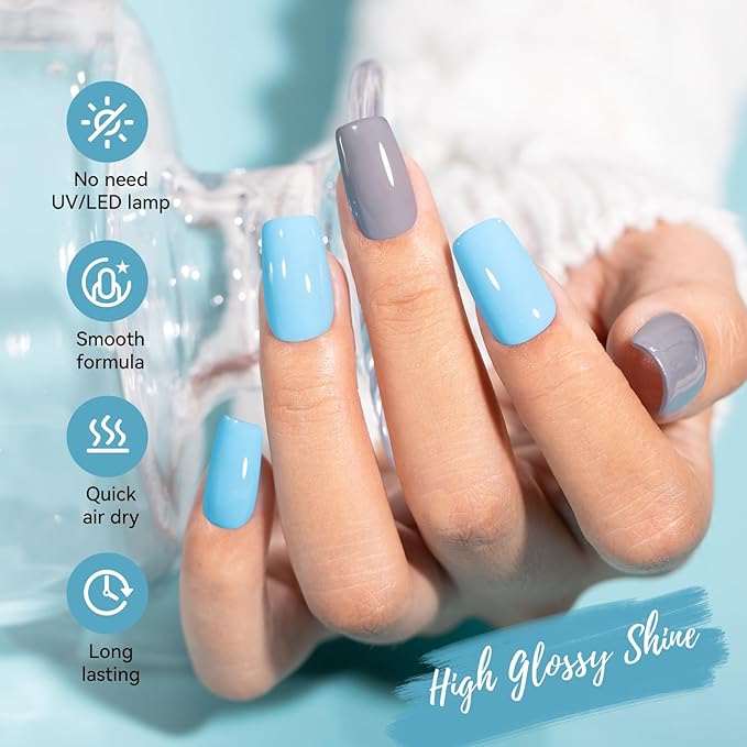 Dusty Gray Blue Nail Polish, 2 Colors Fast Air Dry Fingernail Polish Duo, Light Blue, Non-Gel, Vegan, Opaque, Long-lasting Glossy Nail Art DIY Home Travel Manicure