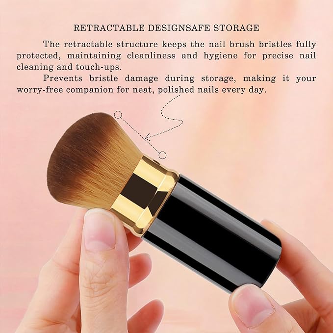 WOKOTO 2 PCS 2-in-1 Retractable Brushes - Nail Art Dust Remover for Acrylic Nails, Round & Angled Makeup Brushes for Foundation & Cream, Black Handle Dust Brush, Travel-Friendly Aluminum Tube