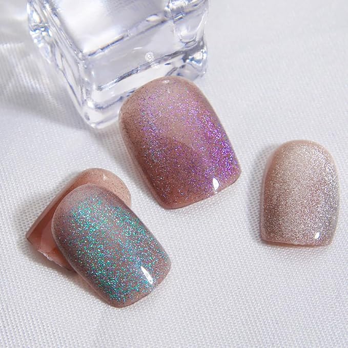 Spring Press on Nails Short Square Four-Color Combination Cat Eye Press on Nails Fashion Gel Fake Nails, Reusable Acrylic Fake Nails Glossy Stick on Nails for Women Glue on Nails Kit, Iridescent Jewel