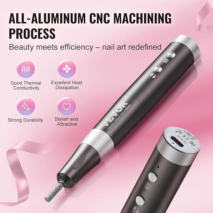 VEVOR Electric Cordless Nail Drill, 30,000RPM Variable-Speed Rechargeable Nail E File Machine, Nail Surface Smooth, Portable Manicure Pedicure Polisher with 50PCS Sanding Bands for Dead Skin Removal