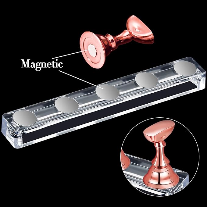 Blulu 2 Set Nail Stand for Painting Press Nail Holder Acrylic Magnetic Tips Training Fingernail Display Stands DIY Crystal Holders and 96 Pieces White Reusable Adhesive Putty(Metal Rose Gold)