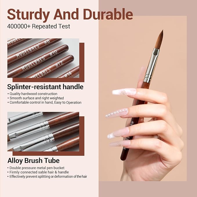 Modelones Kolinsky Sable Acrylic Nail Art Brush Red Wood Pen Nail Brush for Acrylic Powder Molding Drawing Professional Manicure Pens (14#)