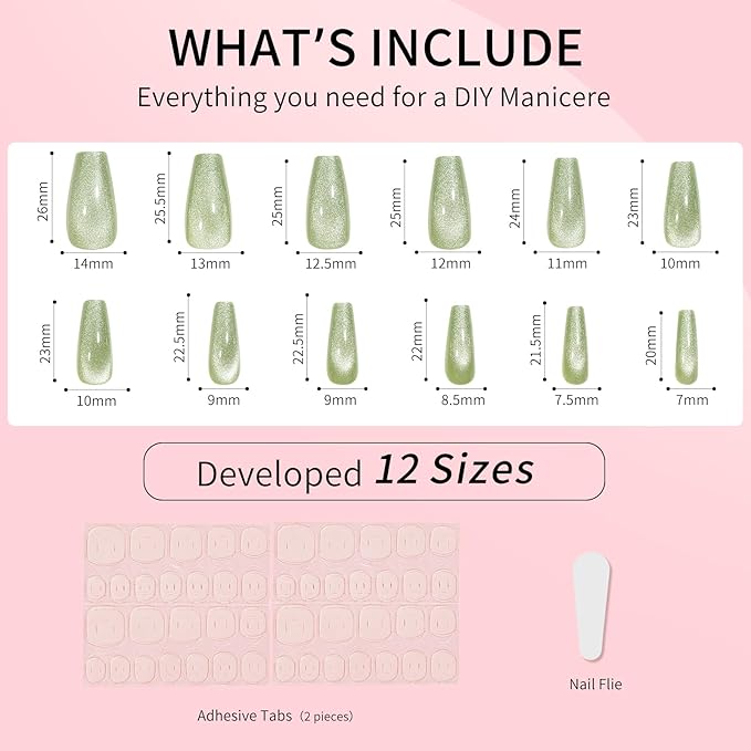 Green Cat Eyes Press On Nails,12 Sizes - 24 Pcs Soft Gel Medium Coffin Fake Nails Kit with Nail Glue, Natural Reusable Stick On False Nails for Women and Girls (Skycloud Green Nails) SK0979