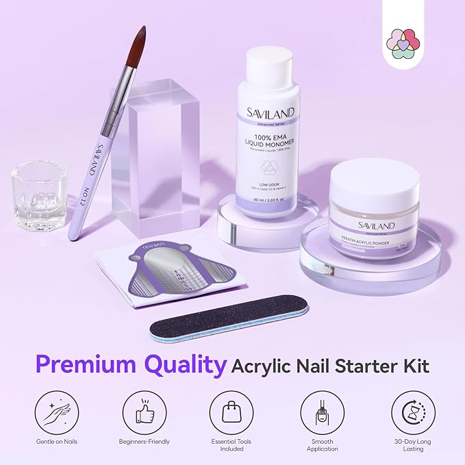 SAVILAND Acrylic Nail Kit for Beginners: 30g Clear Acrylic Powder and Liquid Set with Brush Forms Manicure Tools Extension Nails Kit Beginner with Everything for Home DIY Nail Art Salon