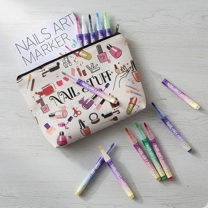 12 Colors Nail Art Pens Set & Women Make up Bag，1mm Acrylic Nail Art Polish Pen Point Graffiti Dotting Drawing Painting Liner Brush for Art Design DIY Manicure Tools Cosmetic Bag with Zipper
