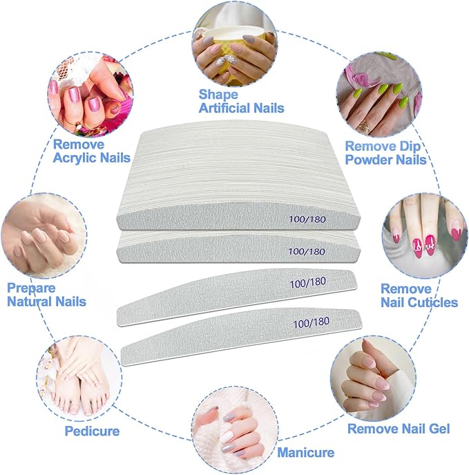 Nail Files (100 Pack), 100/180 Grit Wooden Emery Board Nail File Double Sided Wood Emory Fingernail Files for Natural Nails Professional Reusable Manicure Pedicure Curved