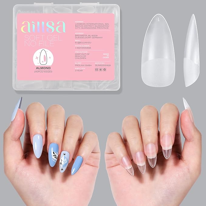 AILLSA Almond Full Cover Nail Tips Upgraded Matte Prefiled Gel Nails Tips False Gelly Press on Soft Nail Tip Medium Almond Shaped Nails for Nail Extensions DIY Holiday Gift (240Pcs 10 Sizes)