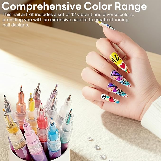 12 Colors Art Pens Set for Nails Art - 0.5 MM Polish Pens, Nail Pens, Markers for Gel Nails, Adorn Manicure Tools, Quick Dry Nail Polish Pens
