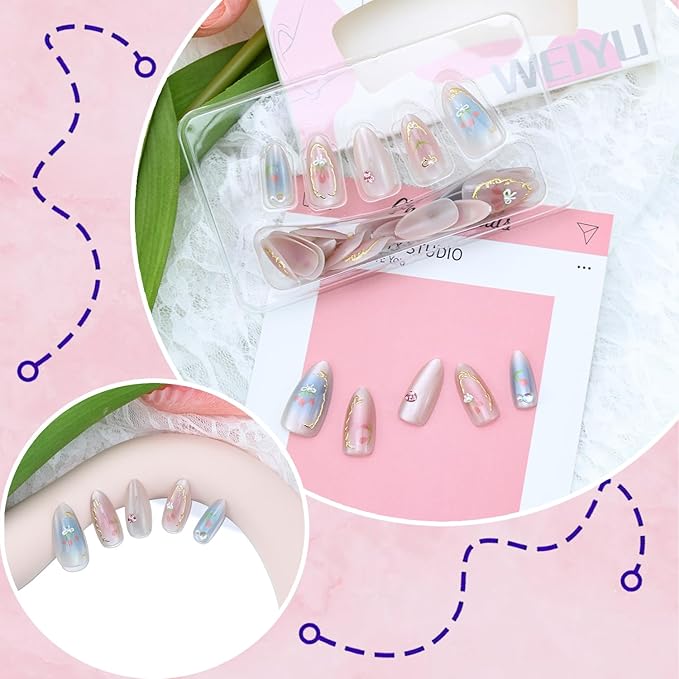 30Pcs Spring Flower Press on Nails Medium Almond Fake Nails with 3D Pearl Rhinestones Gradient Designs Glue on Nails Gold French Line Acrylic Nails Summer False Nails Stick on Nails for Women