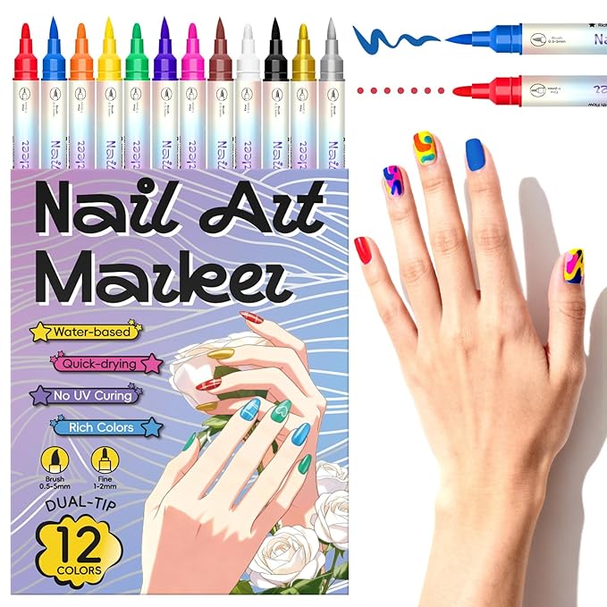 12 Colors Double-Ended Nail Art Markers Set, 3D Nail Polish Pens with Liner Brush & Drawing Tip, Professional DIY Manicure Painting Tools, Valentine's Day Gifts for Her, Nail Decoration Kit