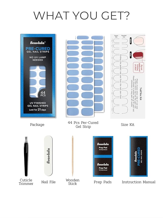 Pre Cured Gel Nail Strips - 44PCS Salon Quality Gel Nail Stickers - Long Lasting Polish Wraps for Women no UV Light Needed Easy Apply & Remove (Lily Blue)