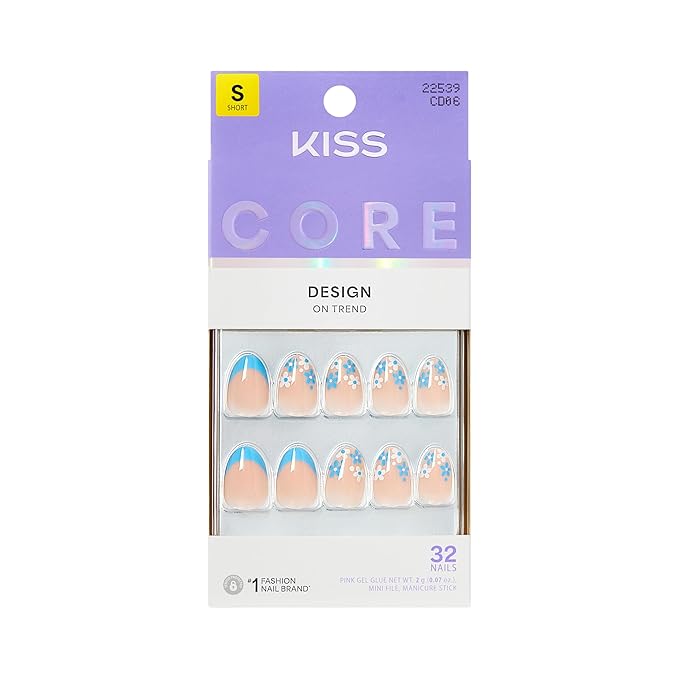 KISS CORE, Press On Nails, Nail glue included, 'Tune', Blue, Short Size, Almond Shape, Includes 32 Nails, 2g Glue, 1 Manicure Stick, 1 Mini File