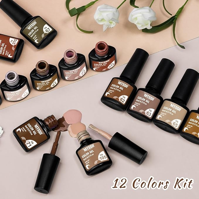 MTSSII 12 Colors Brown Gel Nail Polish Set, Fall Winter Skin Tones Nude Gel Polish Roasted Chestnuts Chocolate Collection Neutral Khaki Gel Nail Kit Nail Art Salon DIY Gift for Women