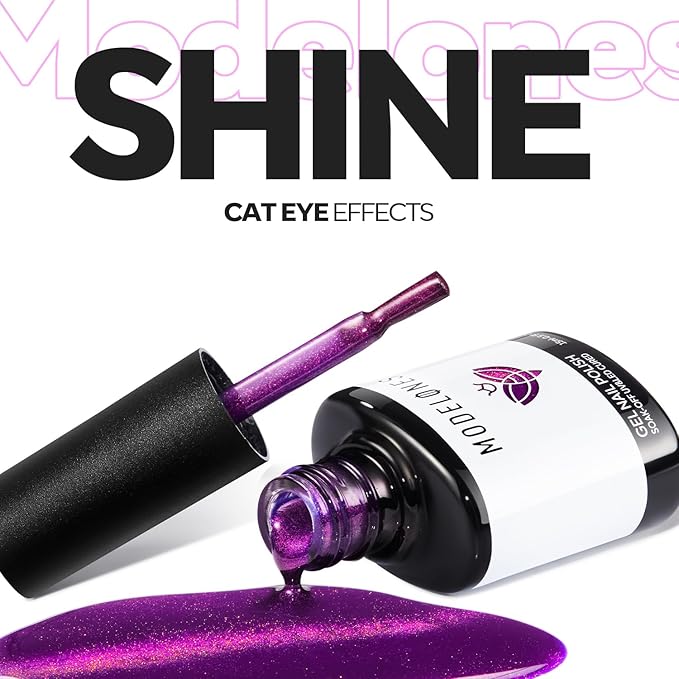 modelones Cat Eye Gel Nail Polish, Purple Magnetic Nail Polish with Magnet Yellow Glitter Soak Off U V Winter Gel Polish Shimmer Nail Art Top Coat Manicure Salon DIY