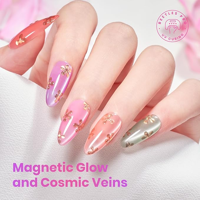 Beetles Petal Charm Cat Eye Gel Nail Polish Set - 6 Colors 15ML Spring Gel Polish Kit Glitter Pink Purple Blue Orange Red Green Magnetic Effect Soak Off UV Nail Art DIY Manicure Gift for Women