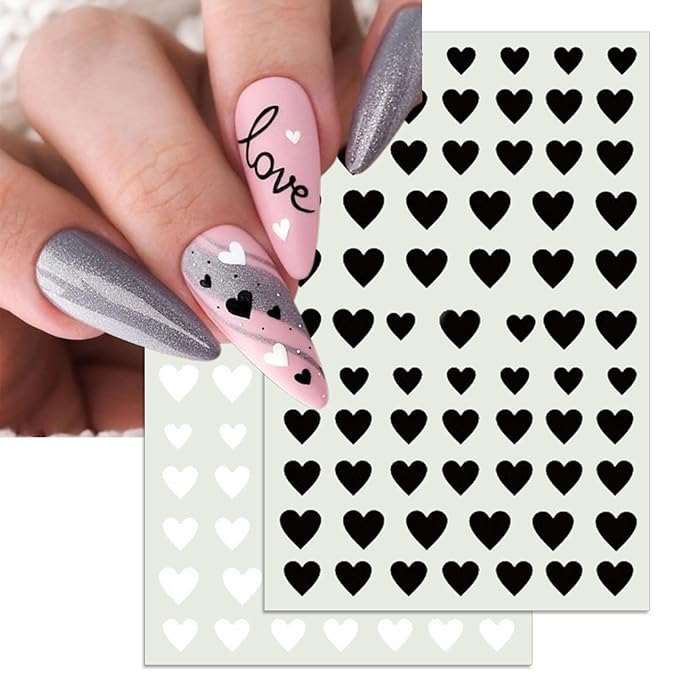 Valentine's Day Nail Art Stickers - Sexy Laser Heart Nail Decals, Self-Adhesive 6 Colors Black White Red Pink Kiss Heart for DIY 3D Nail Supplies Decoration (6 Sheets)