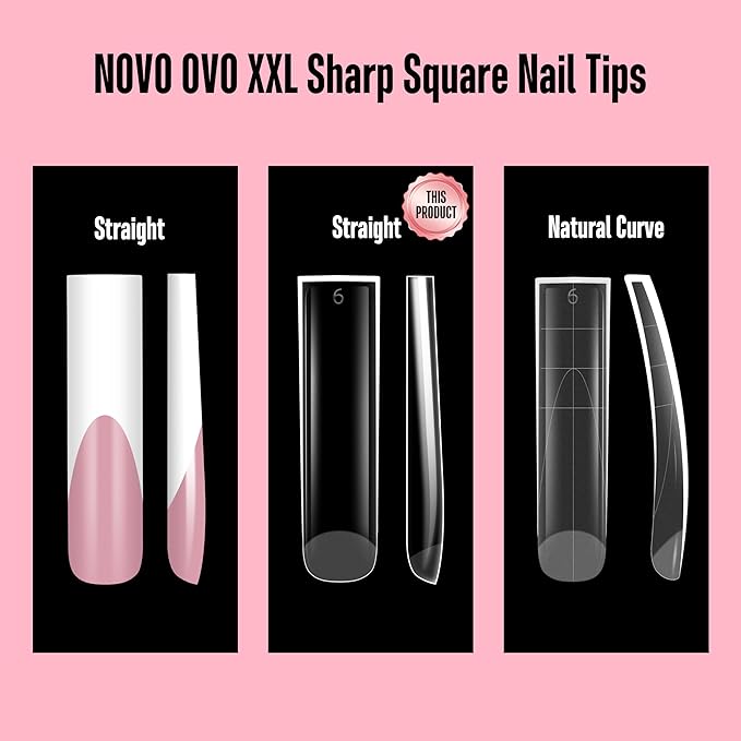 NOVO OVO XXL Square Nail Tips Matte - 240Pcs Pre-Etched Soft Gel Press on Nails, No File Needed Full Cover False Nails for Acrylic, Thickened 2XL PMMA Extension Kit (15 Sizes, Frosted Clear)