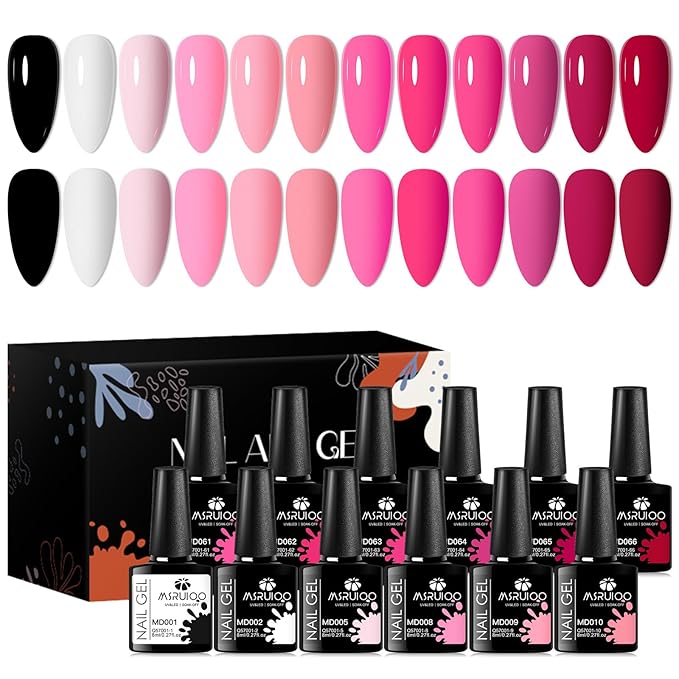 Nude Pink Gel Polish 12 Colors Gel Nail Polish Set Nail Polish Light Pink Baby Pink White Black Nail Art Design Manicure Kit Gifts for Women 8ml