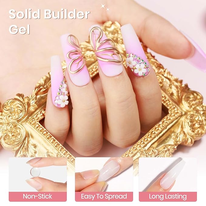 Solid Builder Gel for Nails, Clear White Pink Hard Gel for 3D Nail Art Sculpting with UV Lamp & Chrome Powder for Home DIY Salon, 18g (0.63oz)