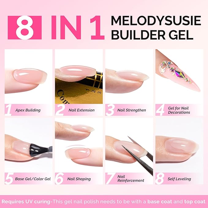 MelodySusie Builder Gel Nail Polish Set, Base Colors Nude Pink White Clear Nail Thickening Rubber Base Gel Polish,Soak Off UV Extension,Rhinestone Nail Glue in a Bottle Gift for Women 6 Colors