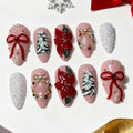 Christmas Press on Nails Medium Almond MABKJLF Fake Nails 3D False Nails with Flower Bow Tree Pearls Gold Ball Glitter Designs Glossy Glue on Nail Winter Acrylic Nails for Women Girls 24Pcs
