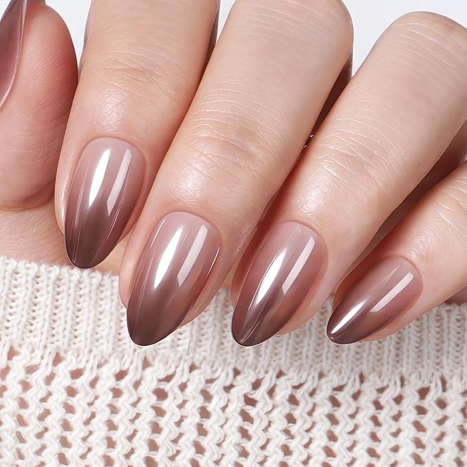 UNA GELLA 32Pcs Soft Gel Press on Nails - 16 Sizes Brown Ombre Chrome Almond Glue on Nails, Reusable Metallic Gradient Short Almond False Nails, Full Cover Acrylic Nail Kit for Women DIY Home Manicure
