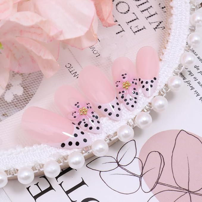 24Pcs Polka Dot French Tip Press on Nails Medium Almond Fake Nails 3D Pink Flower Glue on Nails with Gold Beads Designs Spring False Nails Nude Pink Full Cover Glossy Cute Acrylic Nails for Women