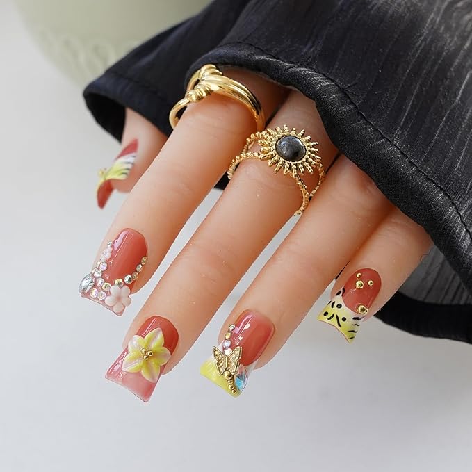10pcs Handmade Press on Nails for Women - Medium Duck Curve 3D Thick Acrylic Fake Nails Reusable,Designer Floral Butterfly Rhinestones Bling Boho Funky Y2k Nail-art Set,S,neon