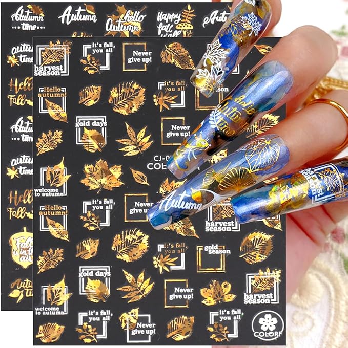 Autumn Leaves Nail Decals,Bronzing Fall Nail Stickers White Laser Gold Maple Leaf Nail Art Stickers,3D Self-Adhesive Stickers for Nails Decorations Accessories Women DIY Nail Supplies,9 Sheets/Set