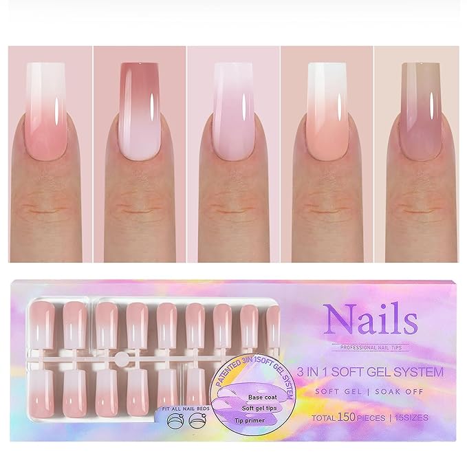150 Pcs Press on Nails Long - White Gradient Glue on Nails Medium Acrylic Nails Nail Tips Square Stick on Nails Square Nail Tips Coffin Press on Nails for Gift