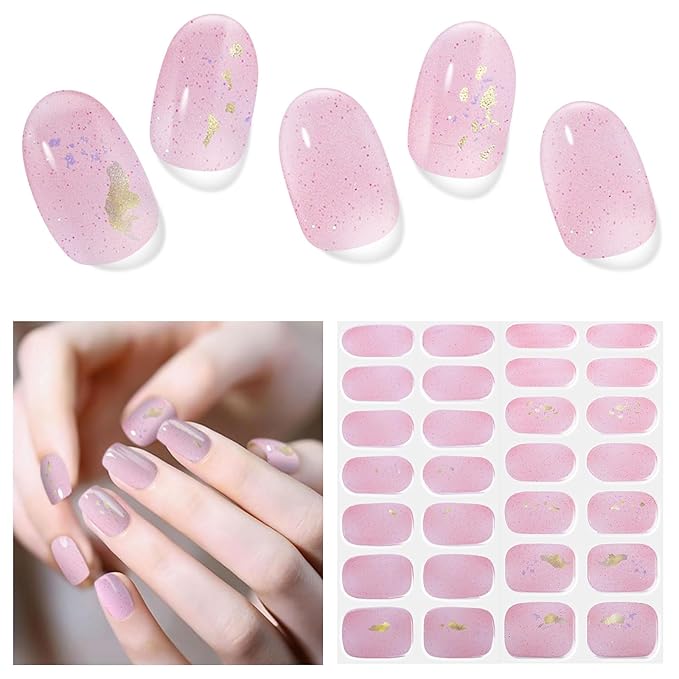 Semi Cured Gel Nail Strips, 28 pcs Gel Nail Stickers Work with Any UV Lights, Long-Lasting Nail Wraps, Stick on Nails for women Easy to Apply & Remove