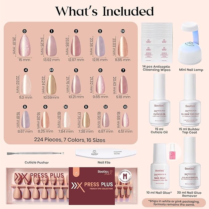 Beetles X Press Cat Eye Nails Kit - 7 Colors Nude Cat Eye Press On Nails Medium Almond | 224Pcs 16 Sizes All-in-One Kit With Nail Glue,Remover,Builder Top Coat,Nail Lamp Gift For Women