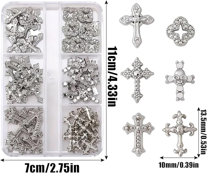 3D Cross Nail Charms for Nail Art, 60 Pcs Metal Crystal Cross Nail Decorations, Alloy Nail Studs and Rhinestones for Women Girl DIY Jewelry Crafts Supplies (Silber B)
