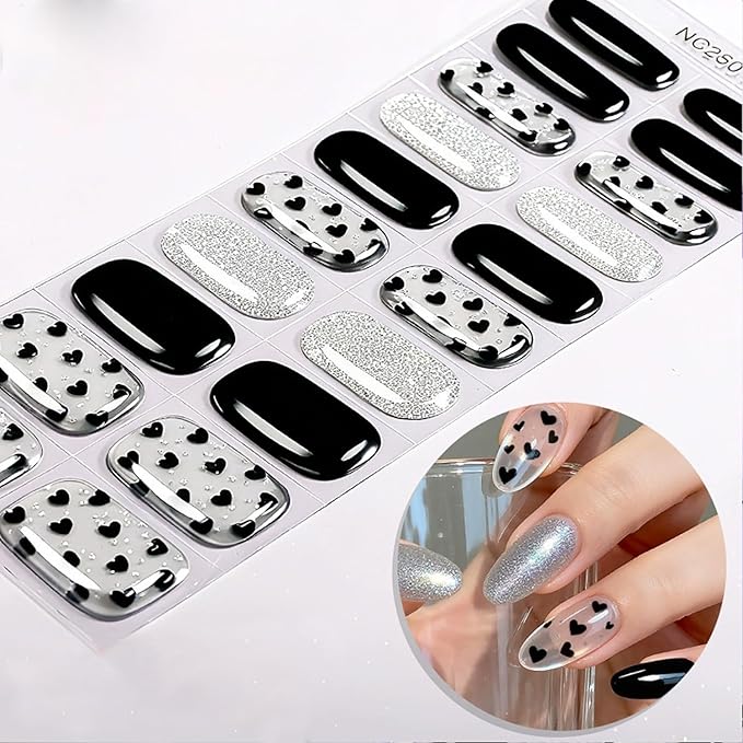 Valentine Day Semi Cured Gel Nail Strips 20Pcs Love Heart Gel Nail Stickers for Nail Art Black Heart with Silver Glitter Design Dark Black Full Wrap Gel Nail Strips Sticker UV Light for Manicure Salon