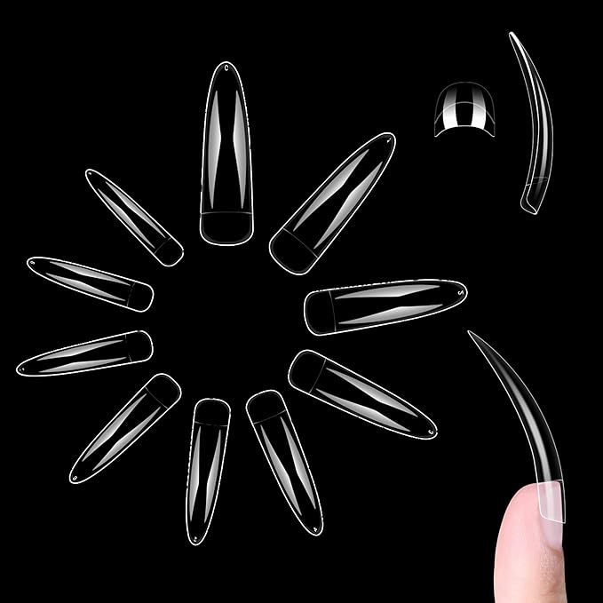 NOVO OVO Halloween 500 pcs Half Cover Extra Long Hawk Curved Stiletto/Almond Nail Tips, XXL 2XL Sharp False Nails for Acrylic, Clear QUEEN STILETTO CURVE Eagle Claw Gel Extension x 10 Sizes in Bag