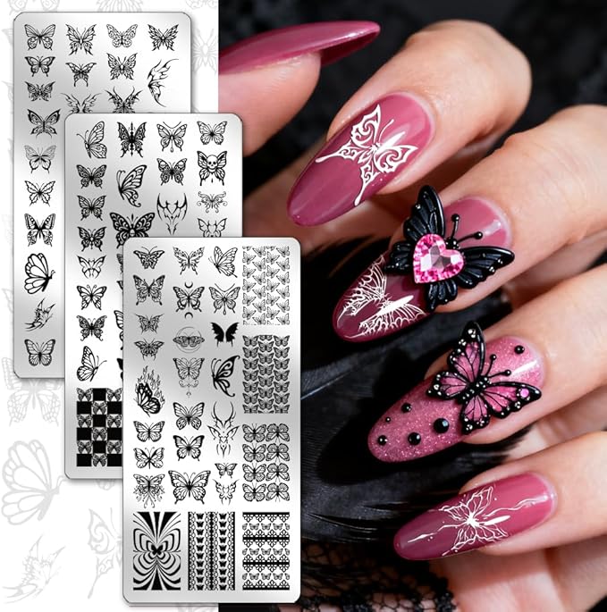 PH PandaHall 3pcs Butterfly Nail Stamping Plate Gothic Butterfly with Skull Nail Art Stamper Nails Art Plates Manicure Design Stamp Nails Image Plates for Manicure Design Salon Supplies