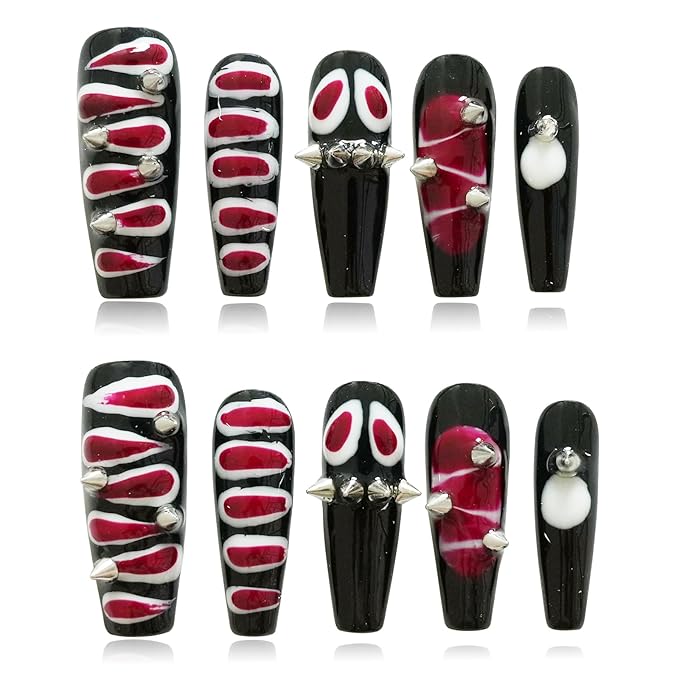 Long Coffin Press on Nails Y2K Edgy Dark Design - 3D Red Snake with Silver Metal Studs Charms Punk Goth False Nails, Reusable False Nails for Halloween, Parties (Snake Skin,S)