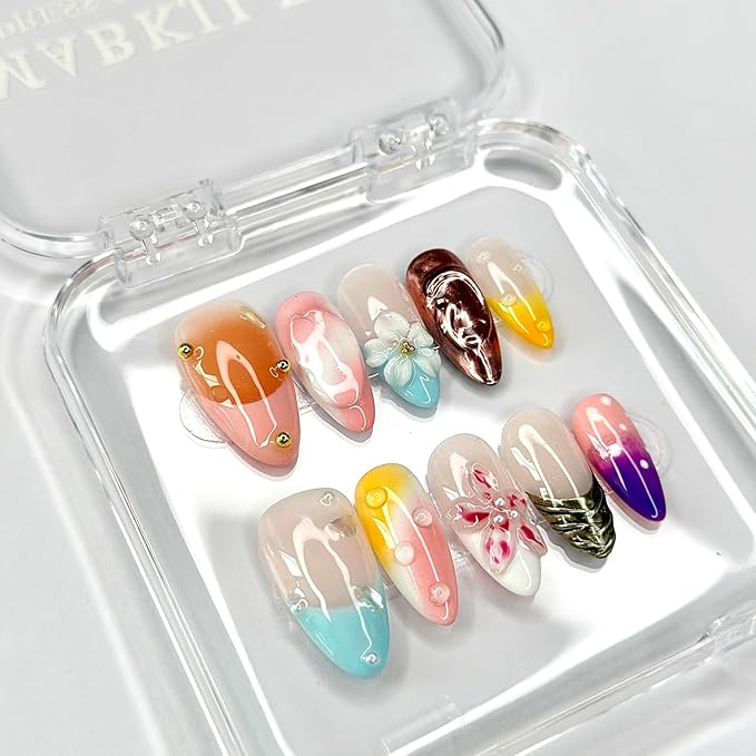Luxury Press on Nails Medium Almond Handmade 3D Unique Reusable ABS Material Fake Nails Chrome French Tip False Nails with Designs Pearls Floral Art Petal Glossy Glue on Nails Thick Acrylic Nails(S)