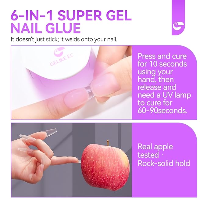 Gelike EC Gel Nail Glue for Press On Nails: 6 in 1 Strong UV Nail Glue for Nail Tips and Acrylic Fake Nail - Long Lasting 28 Days Quick Dry - Beginner Friendly DIY for Home Salon